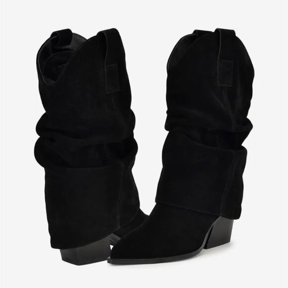 NEW Nine West Wilton Black Suede Leather Slouchy Block Heel Point Toe Dress Boot - Picture 2 of 9